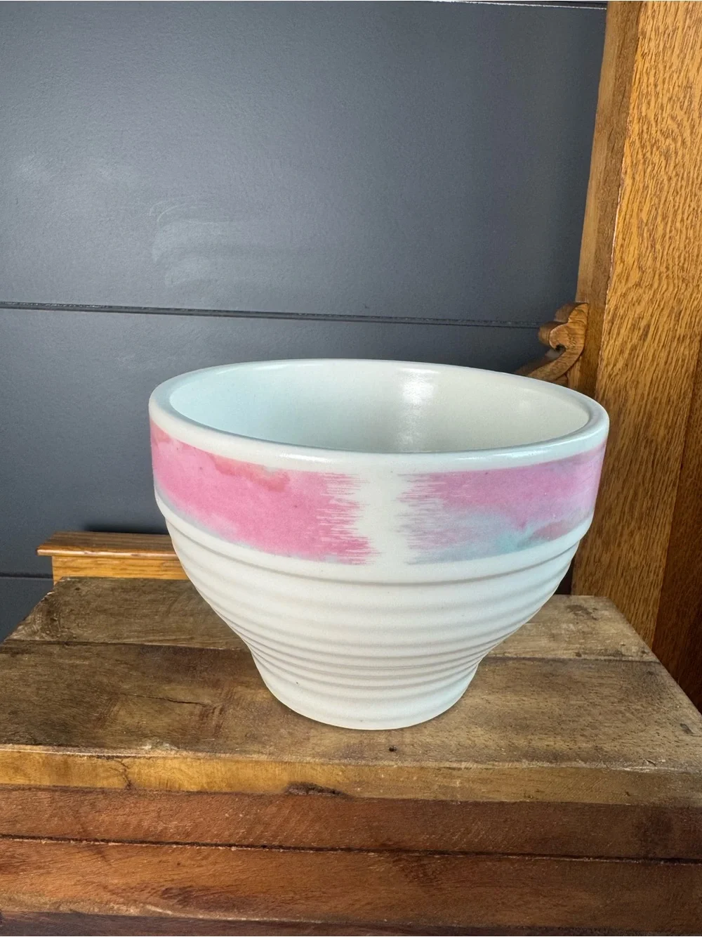Treasure Craft Mirage Pottery Bowl USA 80's-90's Pastel Pink Teal Blue Airbrush